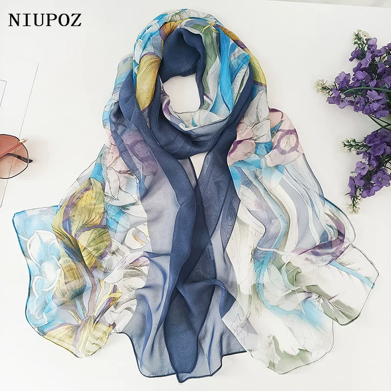 Summer Women Foulard Elegant Chiffon Georgette Gradient Flower Bandana Scarf Beach Sunscreen Thin Breathable