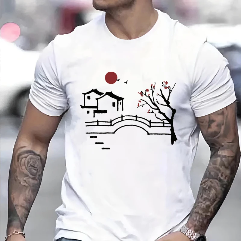 

Chinese Element Tea House Print Men Woman T-shirt Classic Vintage Fashion Street Couple Tee Casual Oversized Loose Clothing Top