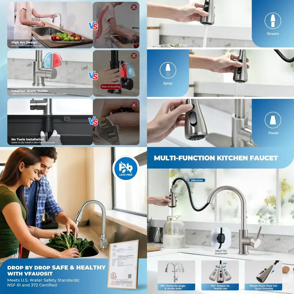 

Modern High Arc Pull-Out Spray Kitchen Faucet, Lead-Free Brushed Nickel, Stainless Steel for Bar, Laundry, RV Sinks