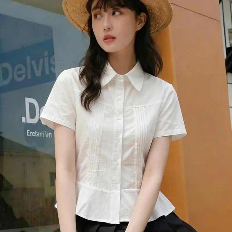 

Women Cotton Point Collar Short Sleeve Shirt Slim Waist Cropped Casual White Blouse