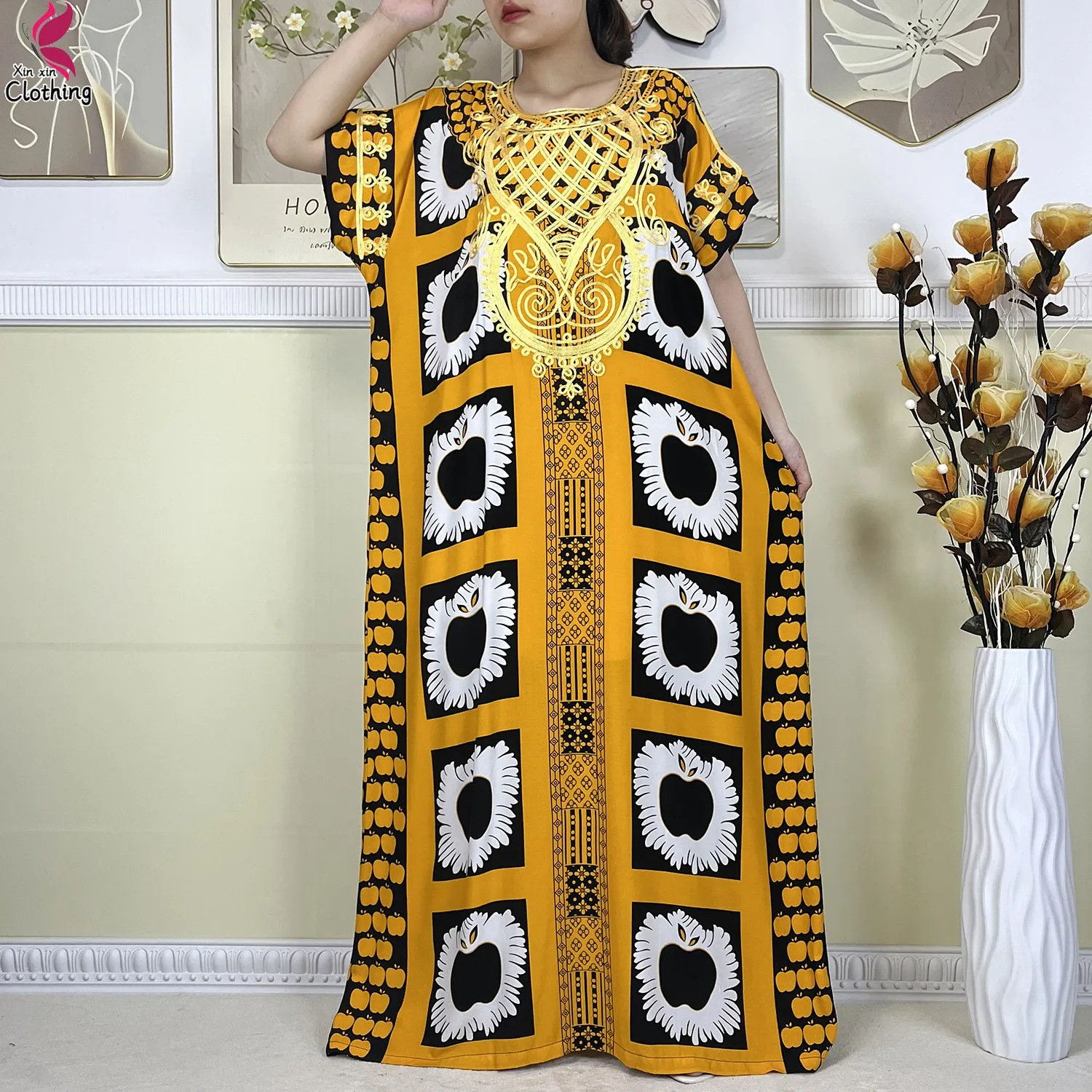 Muçulmano abayas verão manga curta vestido feminino fashoin maçã impressão solto vestido de algodão islam femme vestido africano com lenço