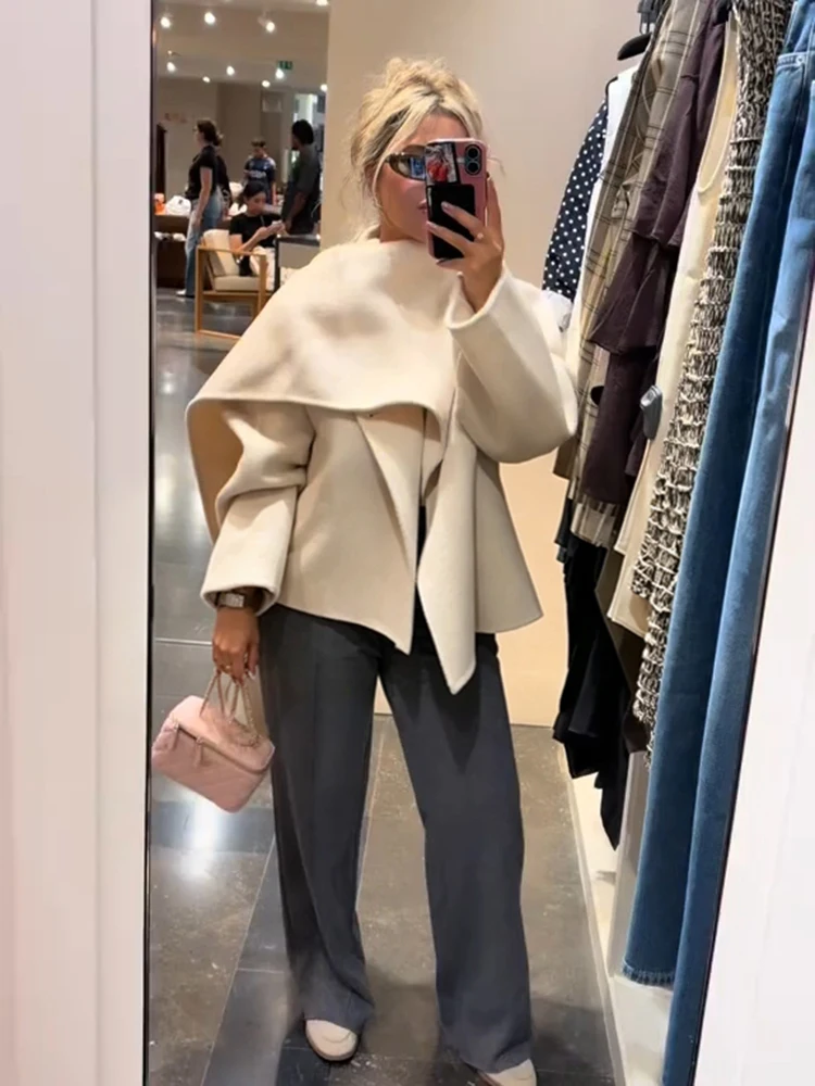 Elegant Women Oversized Long Wool Blend Coat Big Scarf Collar Loose Trench Coat 2026 Winter Office Streetwear Fashion Outerwear