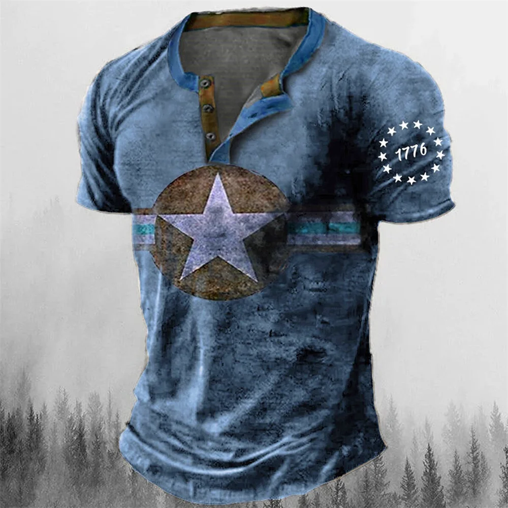 Vintage Button V-neck Navigation T Shirt Short Sleeve Gothic Henley Shirt For Men Oversized Tops Tee Shirt Men Punk Streetwear