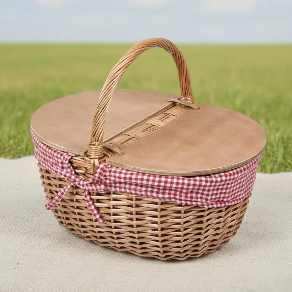سلة نزهة كلاسيكية من الخيزران بتصميم بغطاء منفصل، وبطانة قابلة للإزالة وقابلة للغسل - هدية رومانسية مثالية للأزواج