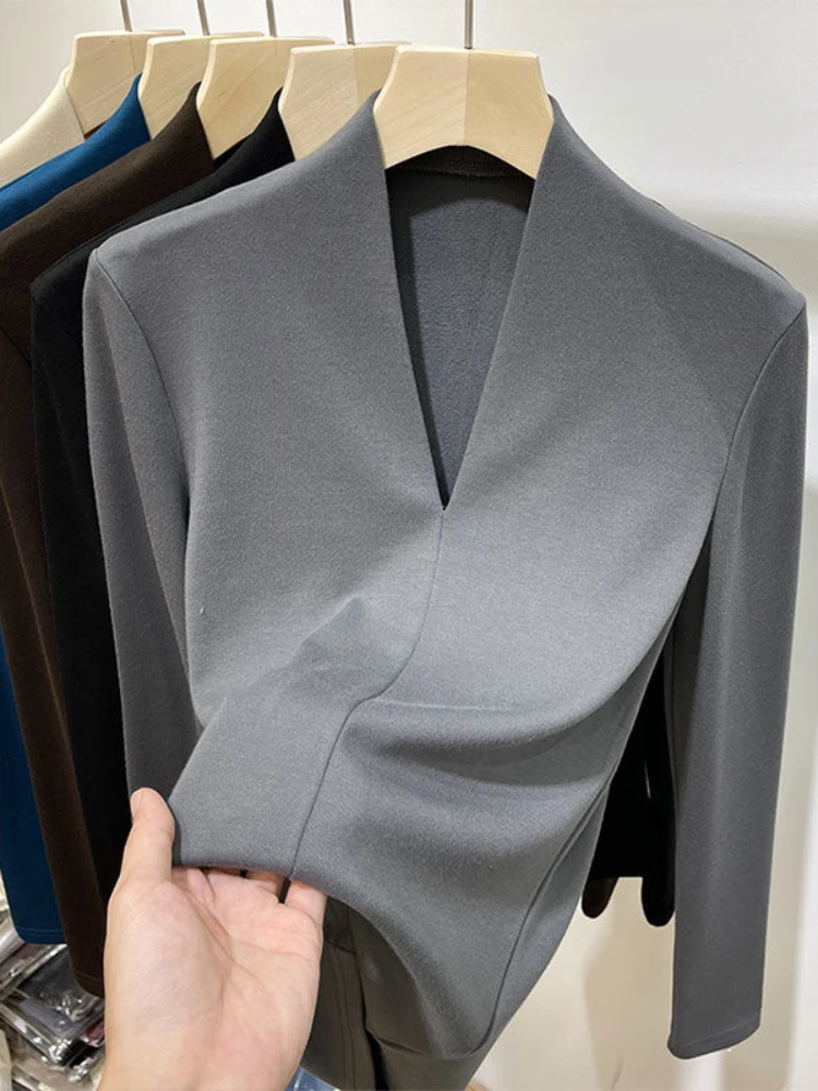 Long Sleeve Casual T-shirts Women Spring V-neck Slim Warm Korean Style Simple Fashion Solid Fit Streetwear All-match Elegant