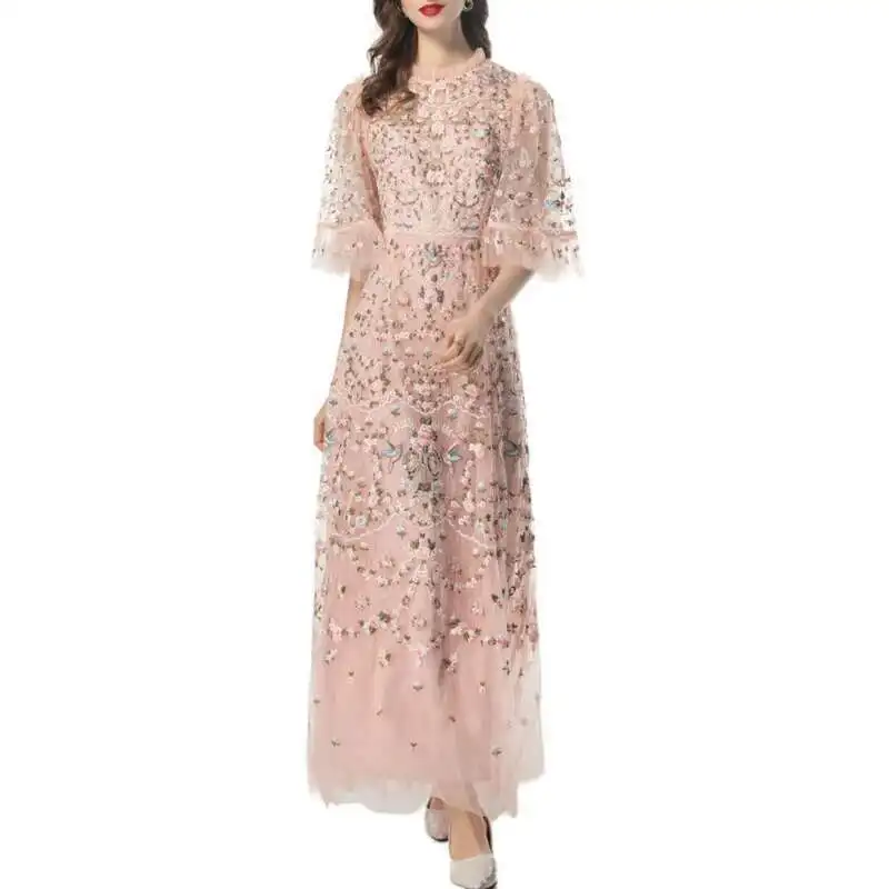 HKSH Summer New Women's Chic Elegant Fashion Casual Light Luxury Embroidery Mesh O-Neck Half Sleeved Long Banquet Dresses HK5315