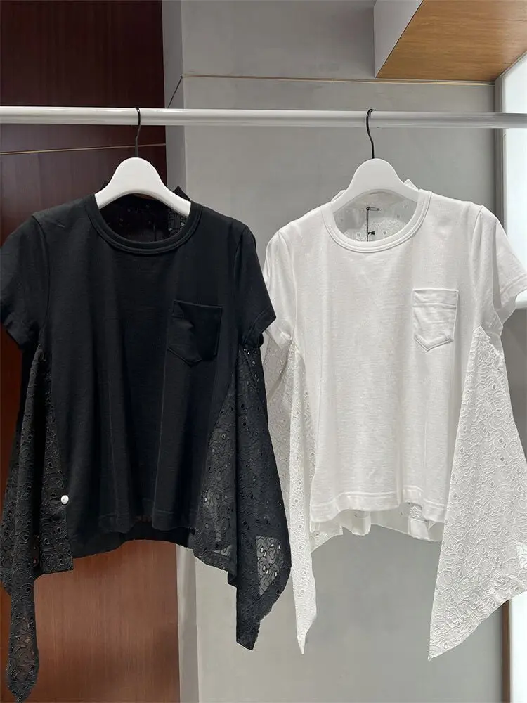 SAC Japanese 2026summer stitching hollow letter embroidered hem T-shirt slim top