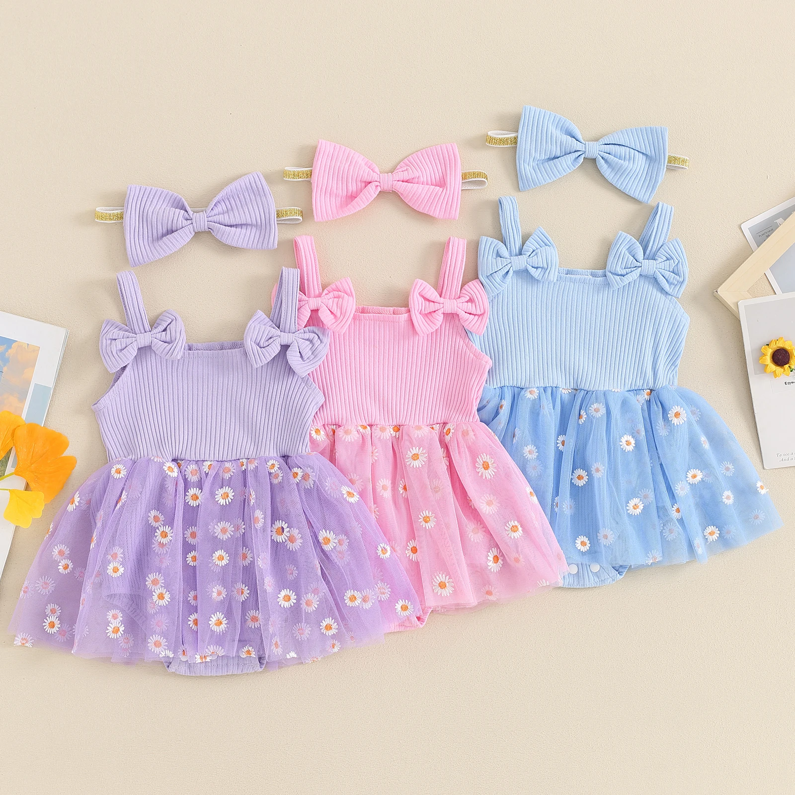 

Newborn Baby Girl Outfit Flower Print Sleeveless Tulle Mesh Lace Romper Dress with Bow Hairband Summer Girls Bodysuits Sunsuits