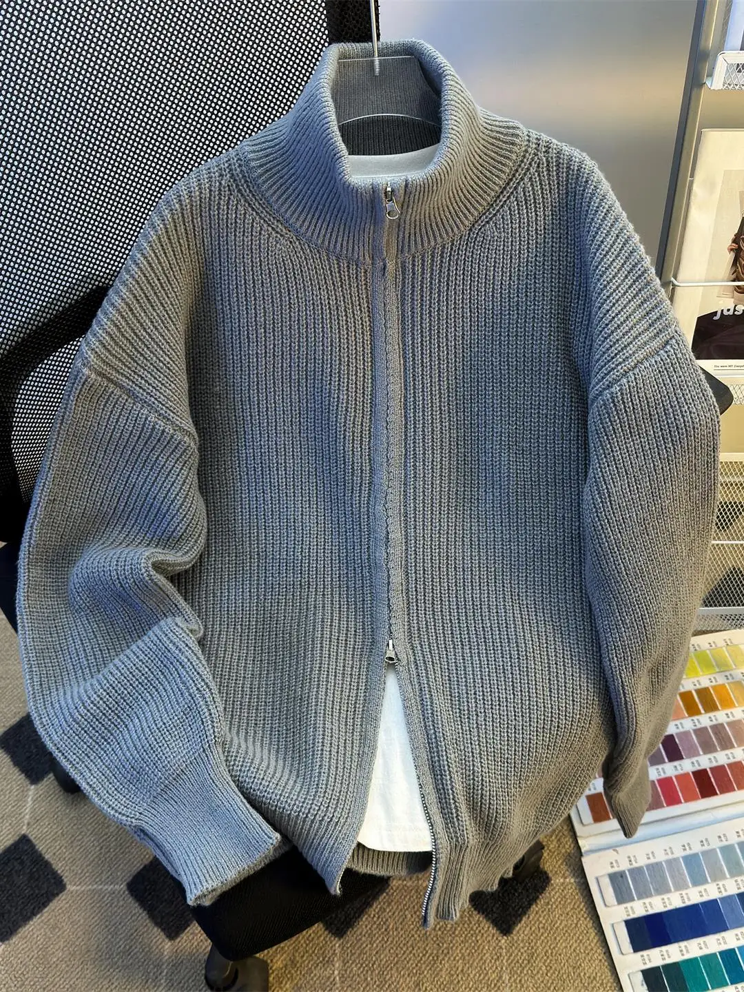 

Мужской кардиган с высоким воротником, на двойной молнии, свободного кроя, теплый вязаный свитер, однотонная повседневная одежда в корейском стиле