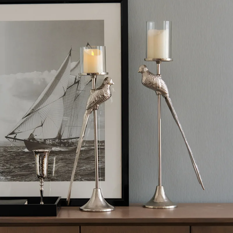 

Creative aluminum silver bird sculpture glass candlestick ornament model room commercial home desktop decoration