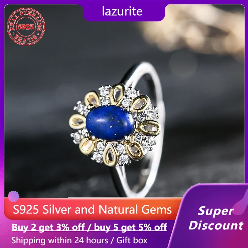 

S925 sterling silver ring plated with 18k gold and natural crystal lapis lazuli women's ring crystal wedding jewelry gift