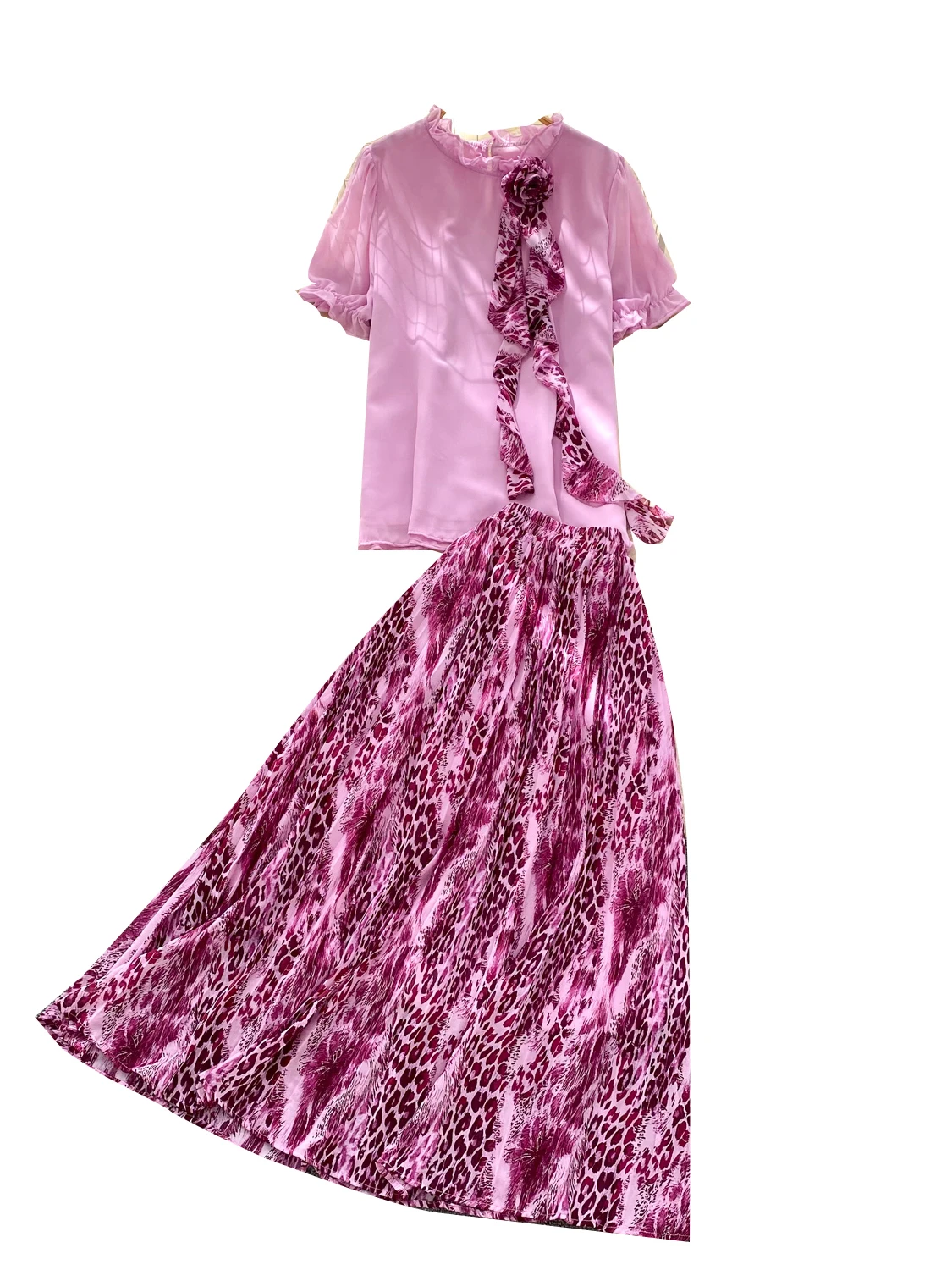 Ele Floral Sa Bubble Sve Top with Elastic Waist Leopard Print Skirt Sister Suit High Faion Women's Ensemble