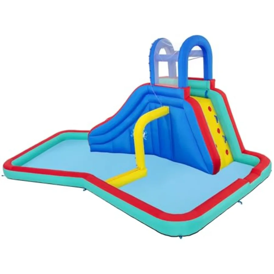 

Backyard water park for kids: PVC inflatable slide and pool in blue features waterfall waves design fits up to 6 children durab