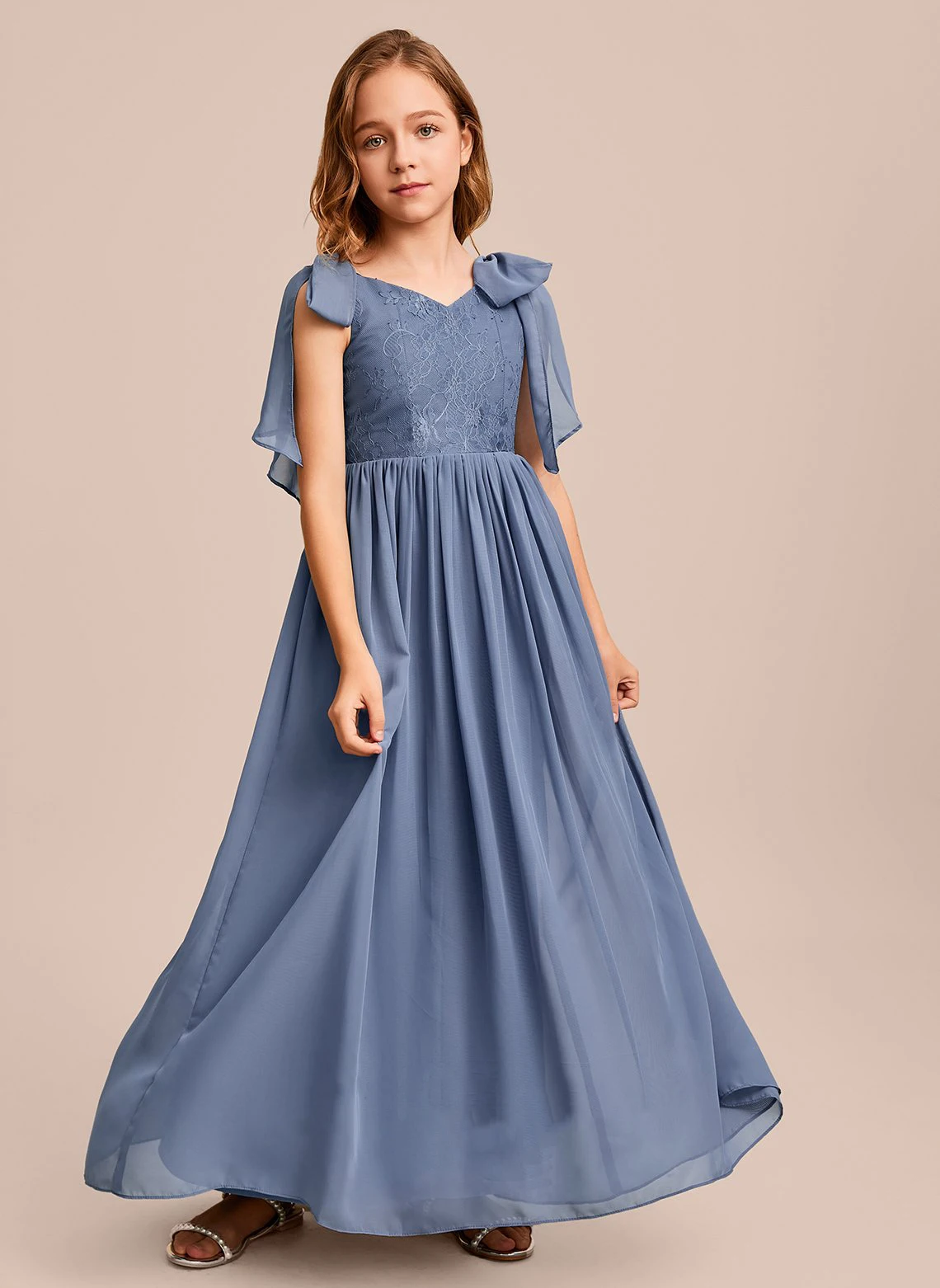 YZYmanualroom A-line V-Neck Floor-Length Chiffon Lace Junior Bridesmaid Dress/Customizable