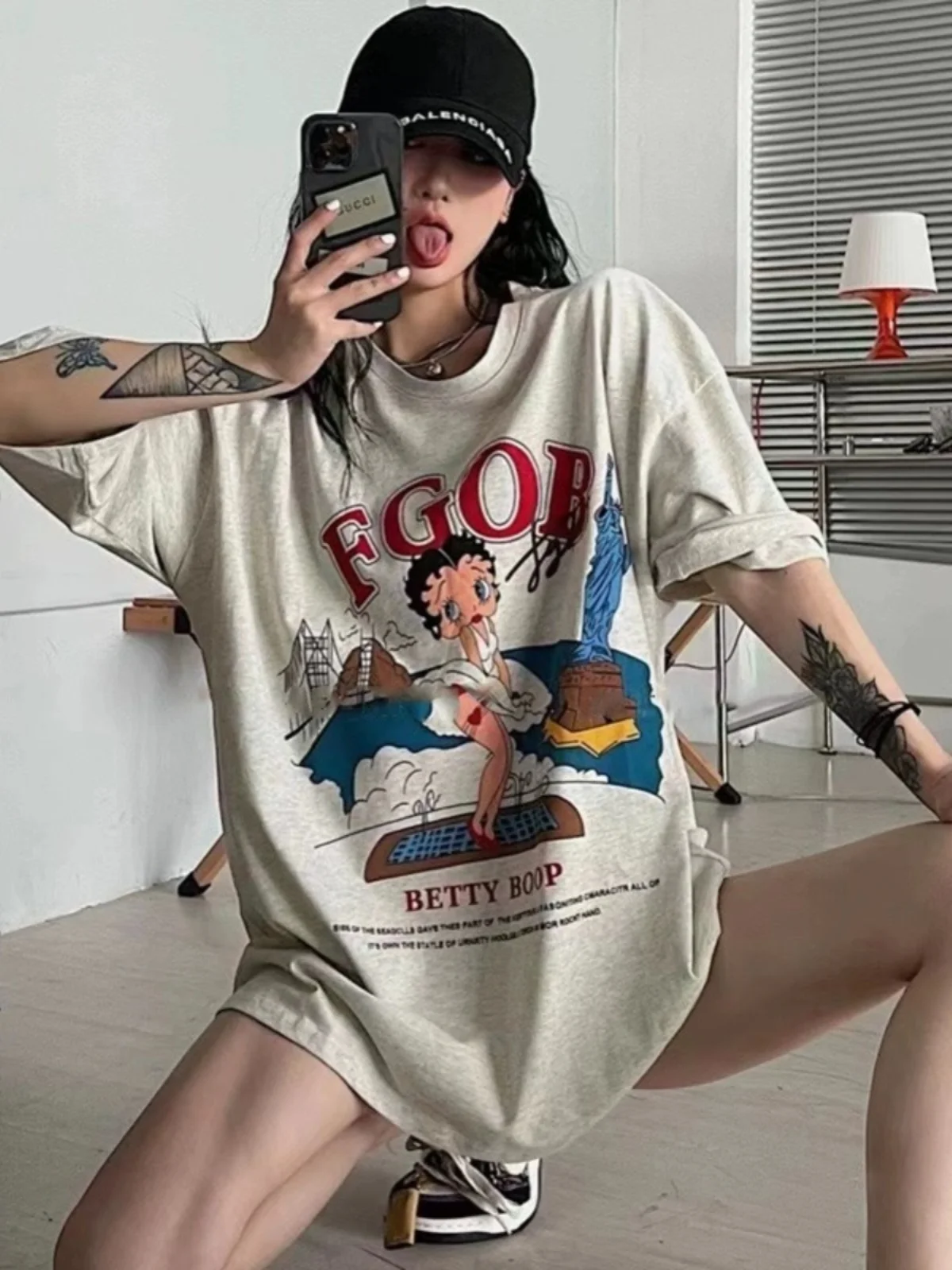 American Style Vintage Large Size Cotton T-Shirt Women's Fashion Brand Retro Short Sleeve Summer Top Casual Loose Fit round Neck