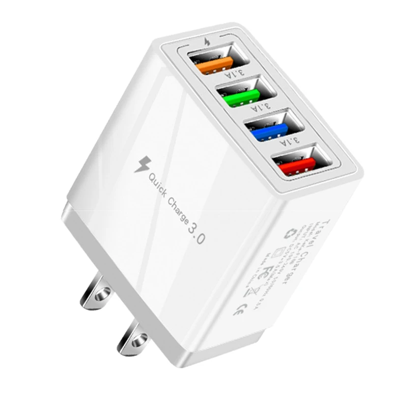 4 Adaptor Pengisi Daya Cepat USB, dengan Lampu LED Adaptor Pengisi Daya Cepat 5V3A Tipe C QC3.0 Pengisi Daya Cepat