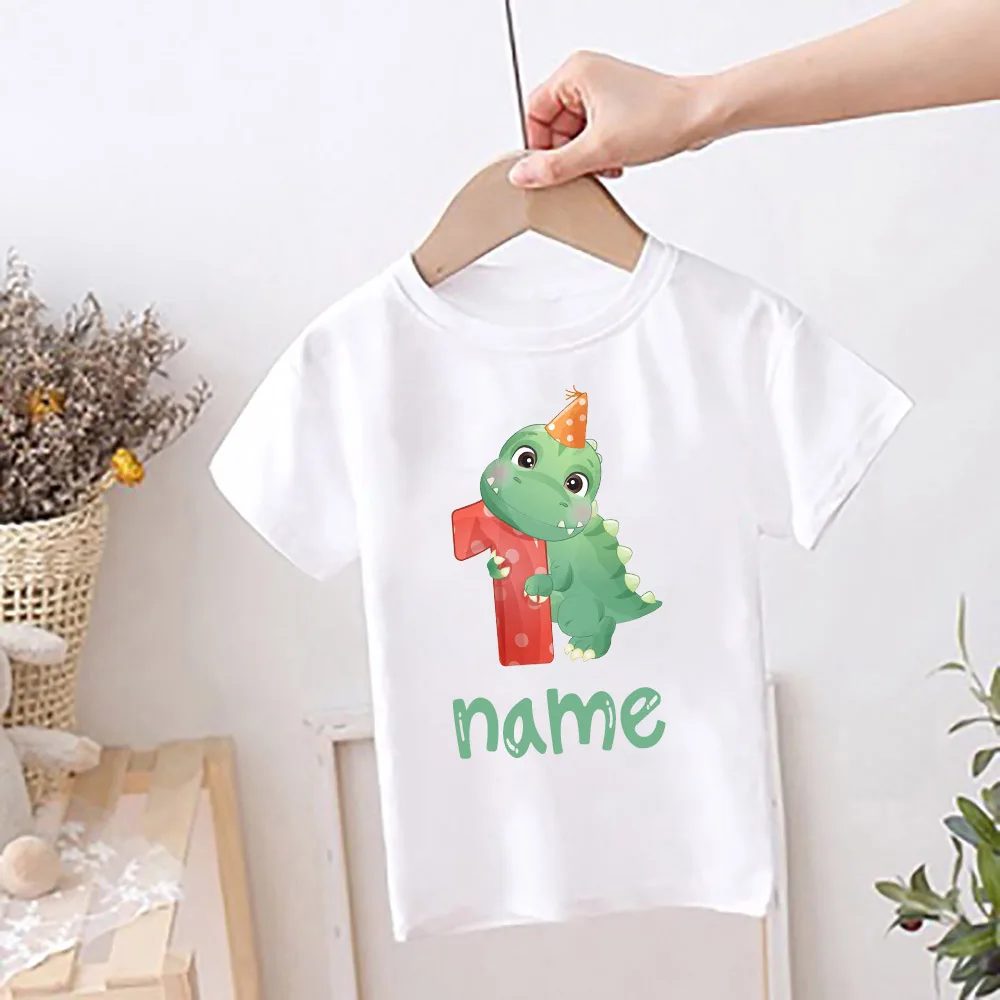 Personalised  Kids Birthday T-shirt Child Custom Name Clothes Dinosaur Cartoon Print Tops Boys Girls Shirt Birthday Cute T Shirt