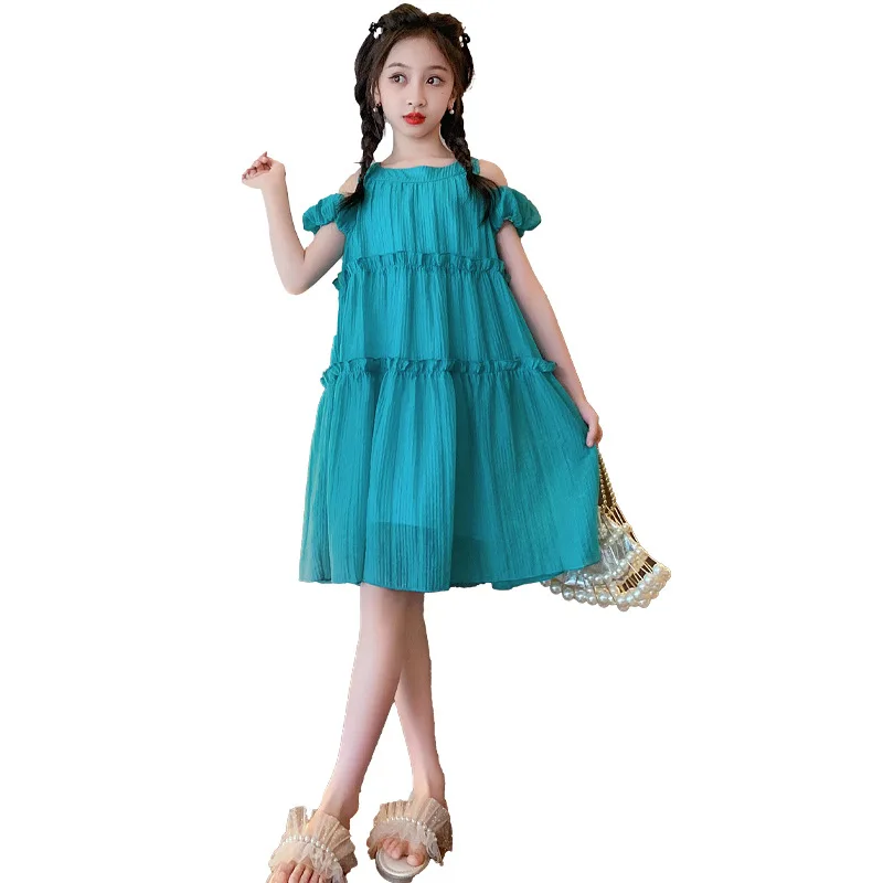 ZOETOP 2025 الكورية الصيف فتاة المدرسة فستان فتاة مراهقة قبالة الكتف فستان بحزام فتاة صغار لامعة الشاش فستان قطعة واحدة #5