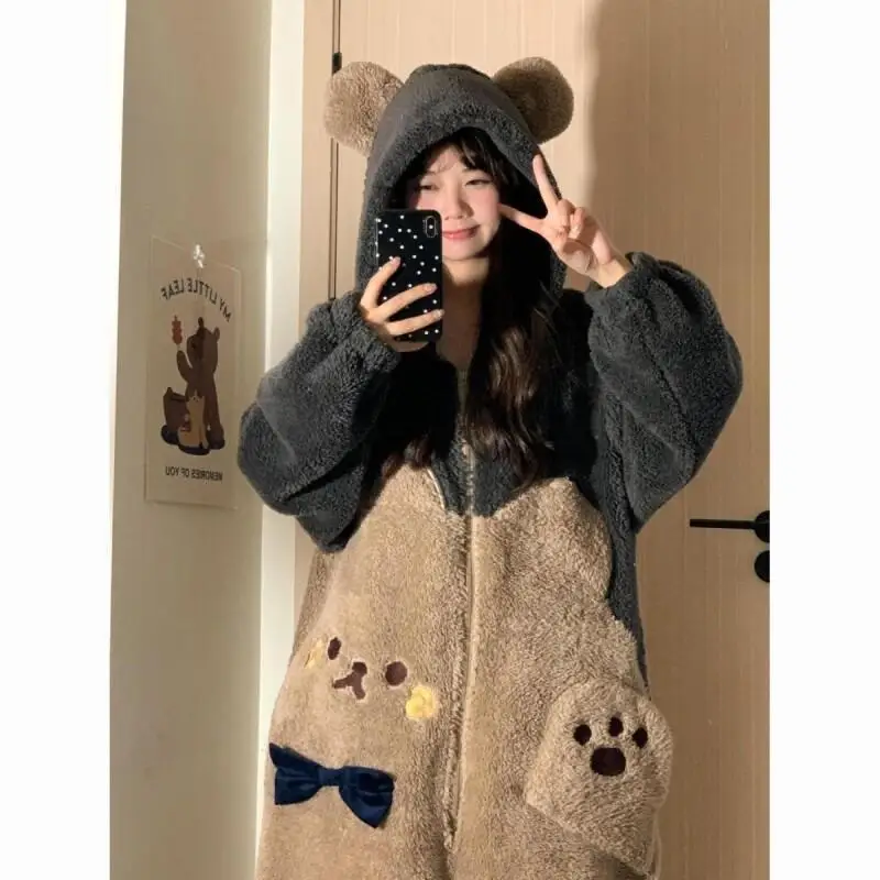 

Pajama Set Fashion Homewear Cute Little Bear Hooded Coral Fleece Jumpsuit Sleepwear for Women in Winter Sleeping Pajamas Clothes