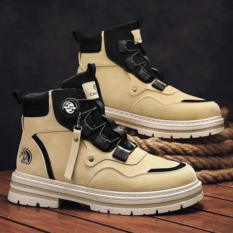 Men High Top Leather Ankle Boots Chelsea Motorcycle Boots Combatable Winter Work Shoes Outdoor Non Slip Mens Casual Botas Hombre