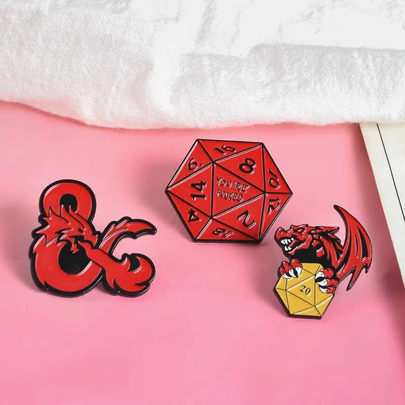 20 Face Dice Metal Enamel Brooch Fashion Personality D20 DnD Dice Game Badge Pin Cartoon Trendy D&D Game Accessories RPG