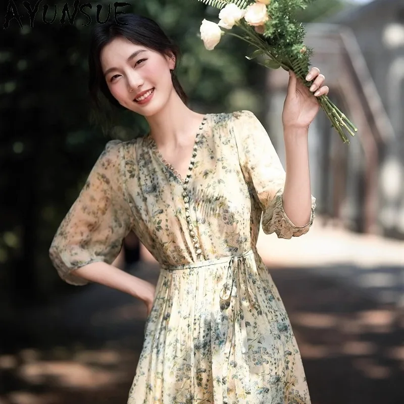 AYUNSUE 100% 天然シルク女性ドレスグリーン春夏ドレス草原シックなロングドレス女性服 Roupas Feminina