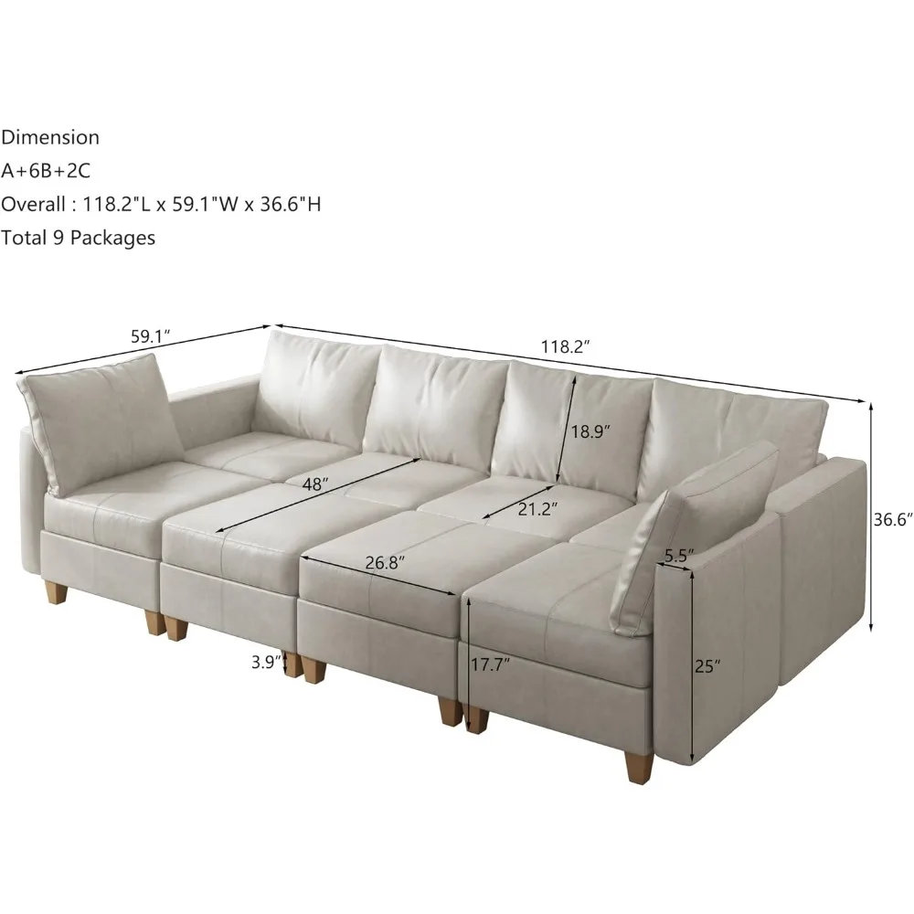 Modular Sectional Sofa Sleeper Couch with Storage, 8 Seat Faux Leather Sectional Large Moduar Sleeper Sofa Sectional Sofa