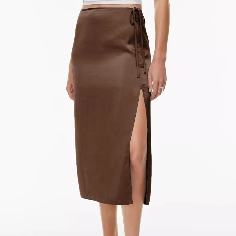 Elegant Satin Midi Skirt Women's High Waist Wrap Style Side Bias Cut with Slit Adjustable Tie Waist European Minimalist Chic