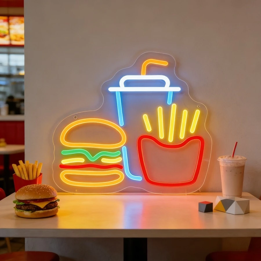 

Неоновая вывеска LED с эффектом диммирования для бургеров, картофеля фри и напитков, для фастфуда, кафе, кинотеатров, закусочных, магазинов, декора стен, USB-лампа