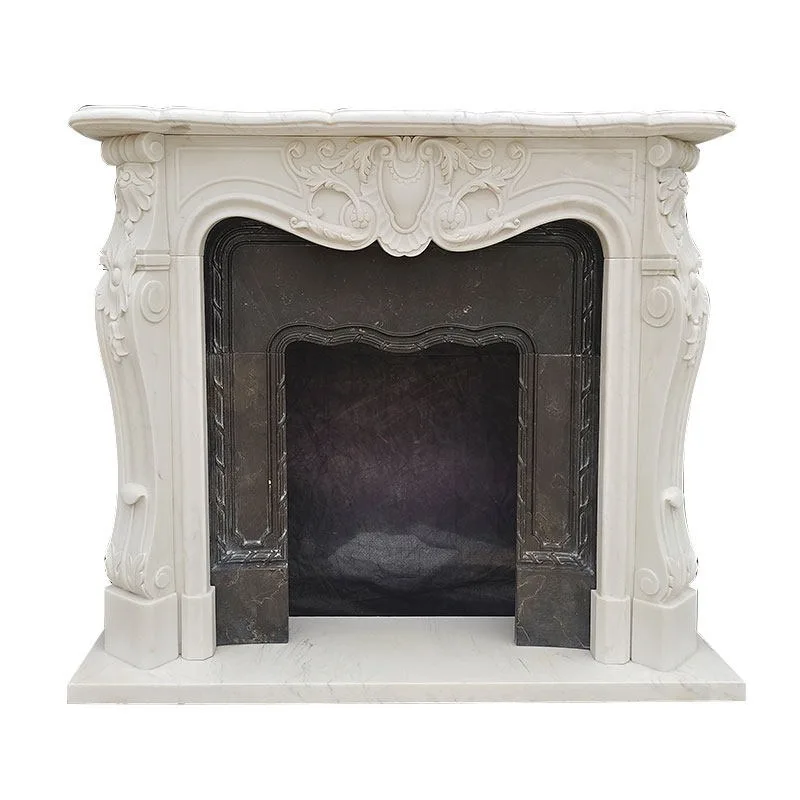 

Каминный портал из мрамора с резьбой, в простом французском стиле, декоративный, для виллы, большой, белый, с цветочным орнаментом, для помещений.