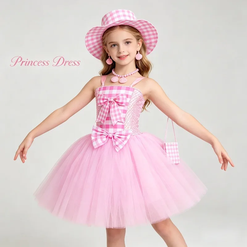 Pink Plaid Princess Tutu Dress Sling Fluffy Tulle Big Bow Complete Accessory Set Birthday Wedding Holiday Cosplay Party Outfit