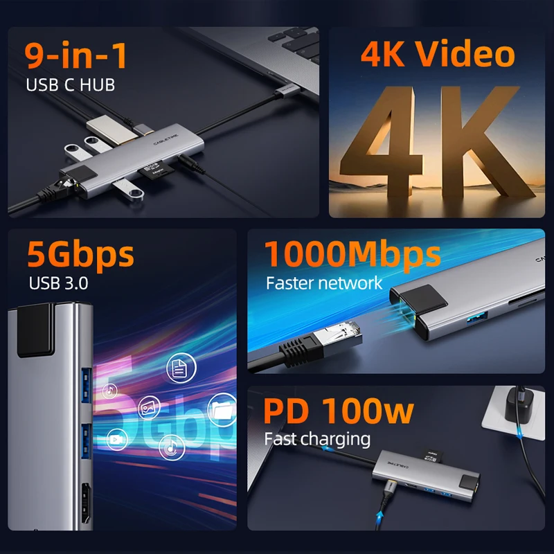 CABLETIME 9 IN 1 USB C HUB USB 3.0 Adapter 4K@60Hz Resolution with RJ45 HDMI SD/TF Card PD 100W HUB for Monitor MacBook Pro Air