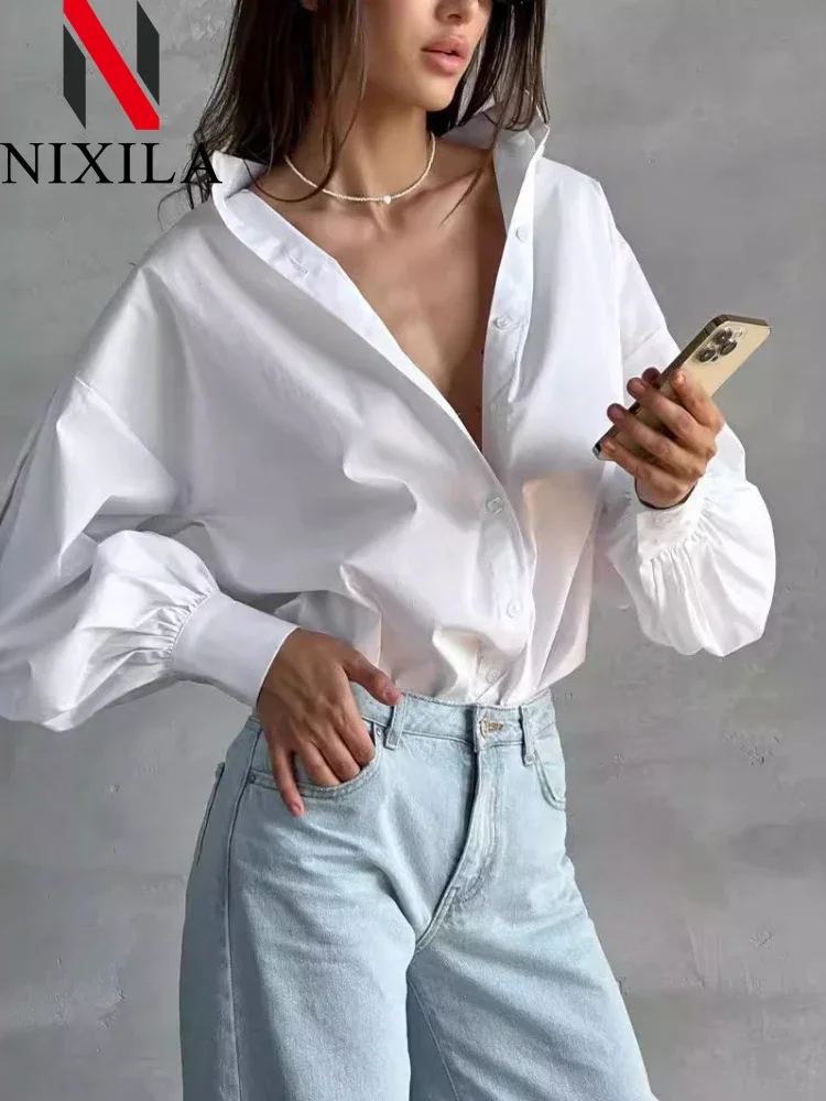 Spring Autumn Women\'s Oversize Shirt Cotton Blouse Elegant Basic Top Collar Long Sleeve tops Beautiful Vintage Female Clothing