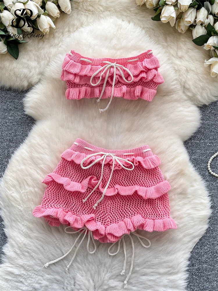 SINGREINY Summer Beach Style Knitting Suits Lace Up Strapless Backless Mini Top…
