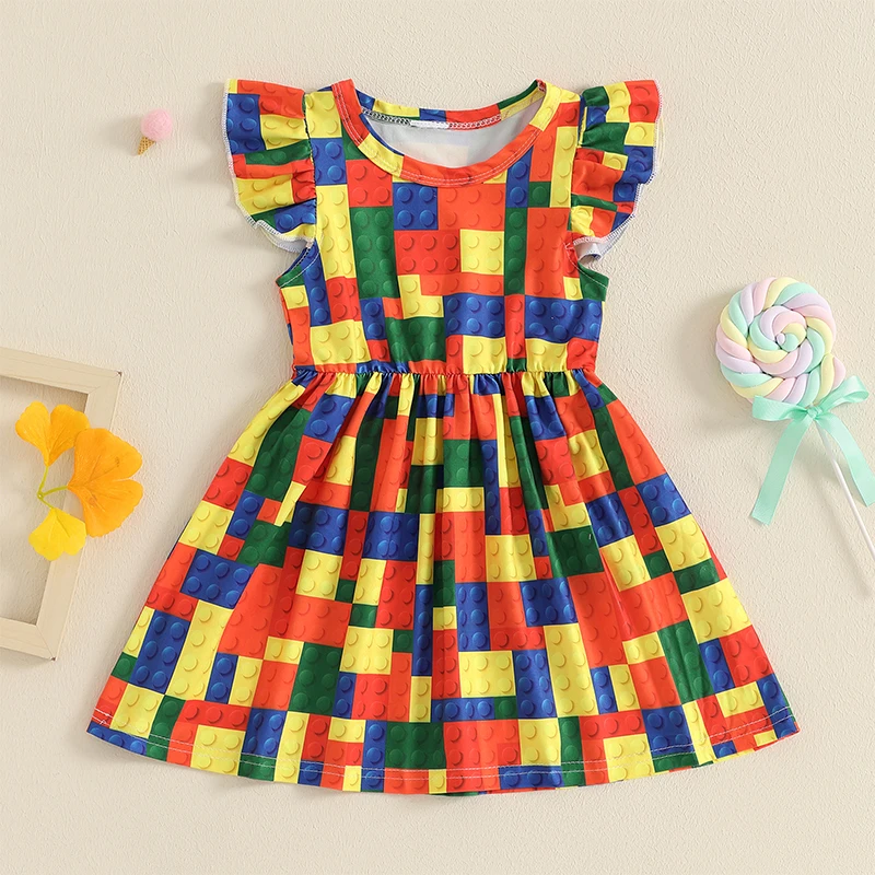 Baby Girl Building Block Print Dress Toddler Fly Sleeve A-line Princess Dresses for Casual Daily Summer Streetwear 6Month-5Years