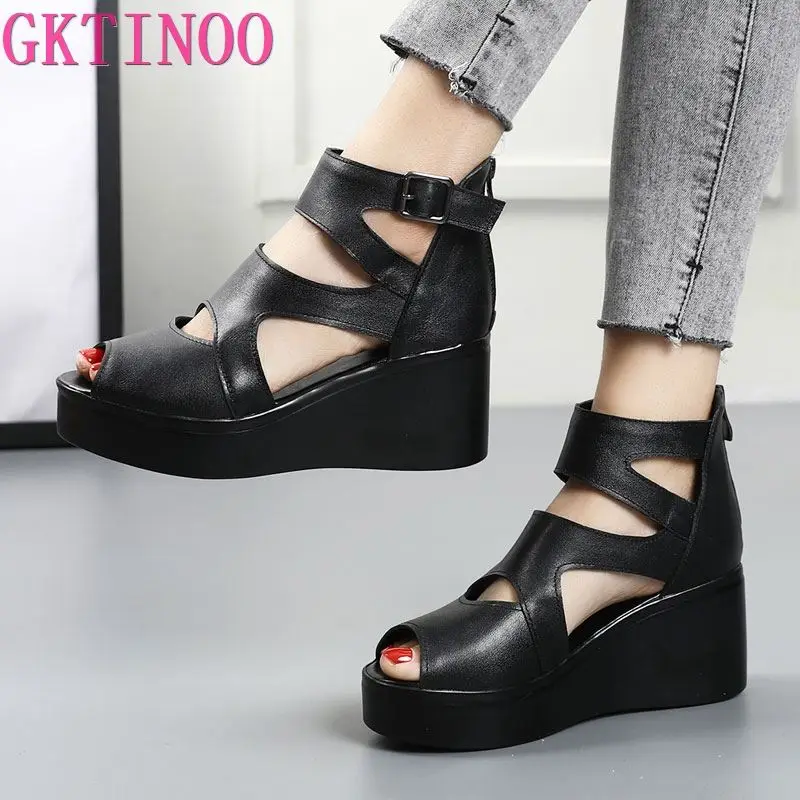 GKTINOO Women Flat Platform Sandals 2024 Summer Genuine Leather Handmade Shoes Women Summer Sandals Slip on Ladies Shoes Sandal