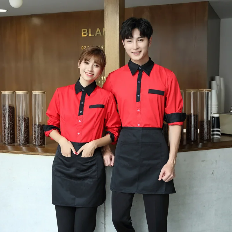 زي عمل نادل المطاعم قميص نسائي طويل الأكمام مطعم غربي مقهى تقديم الطعام الحلوى الحليب الشاي شواء متجر الخريف