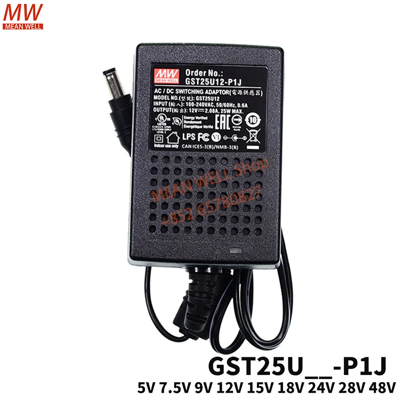 Original MEAN WELL 25W AC-DC Reliable Green Industrial Adaptor P1J Power Supply GST25U05 07 09 12 15 18 28 48-P1J GST25U24-P1J