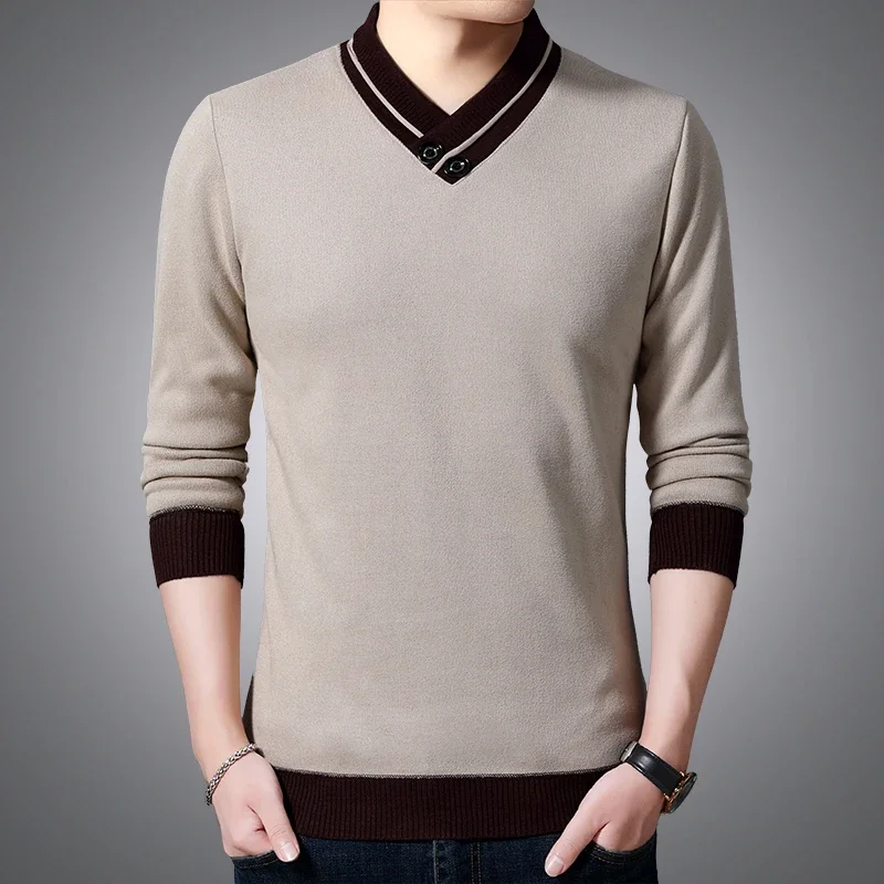 New Men's  Half Height V-neck Base Sweater, Casual Trend with Thick Velvet and Warm Knit Sweater