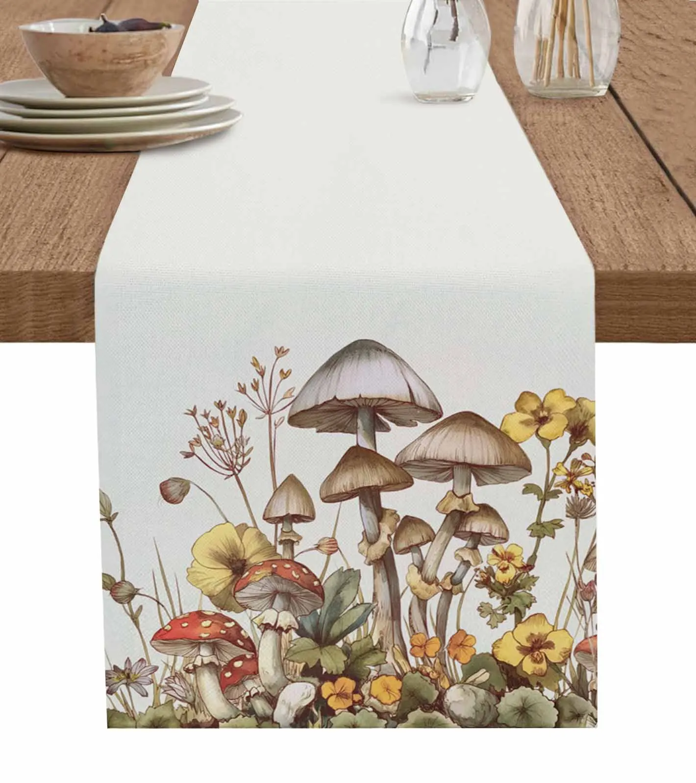 Plant Mushroom Flower Daisy Table Runner Cotton Linen Wedding Table Decor Tablecloth Kitchen Decor Table Runner