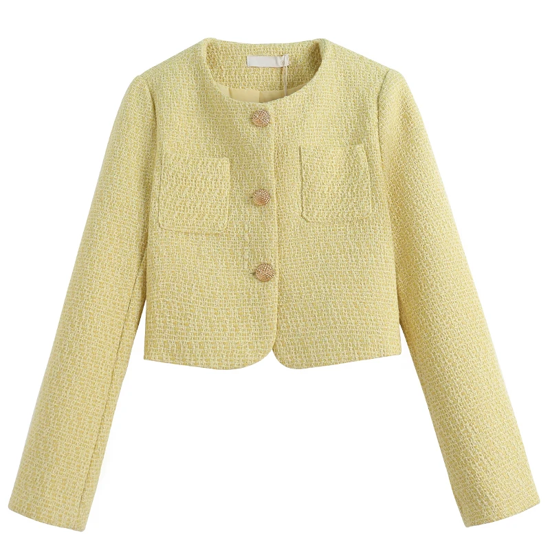 2024 New Spring Autumn Women Single Breasted Slim Short Jacket High Quality Fashion Light Yellow tweed Jacket Casual Outwear