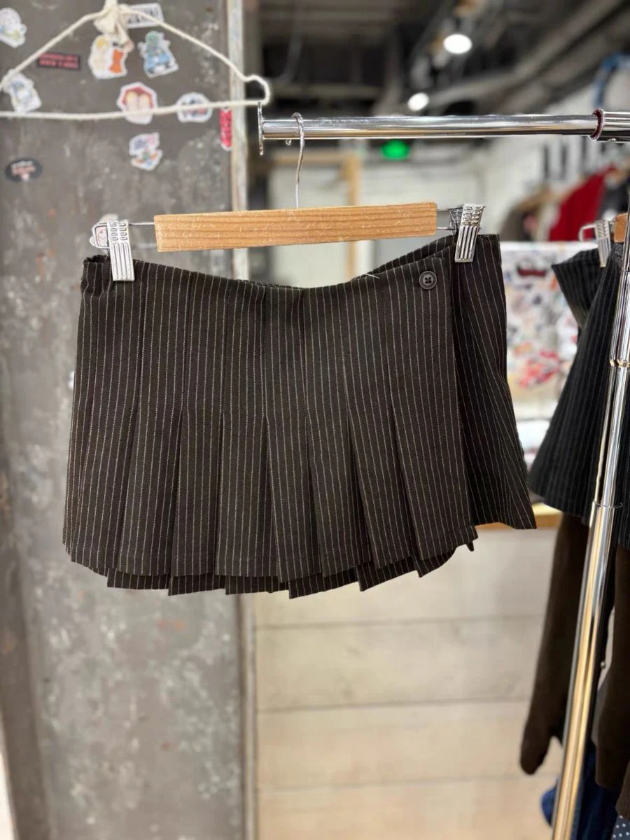 Spódniczki mini w paski kawowe, plisowane, damskie, wiosenne, z niskim stanem, w kształcie litery A, bawełniane, krótkie faldas, damskie, w stylu vintage preppy, nowe.