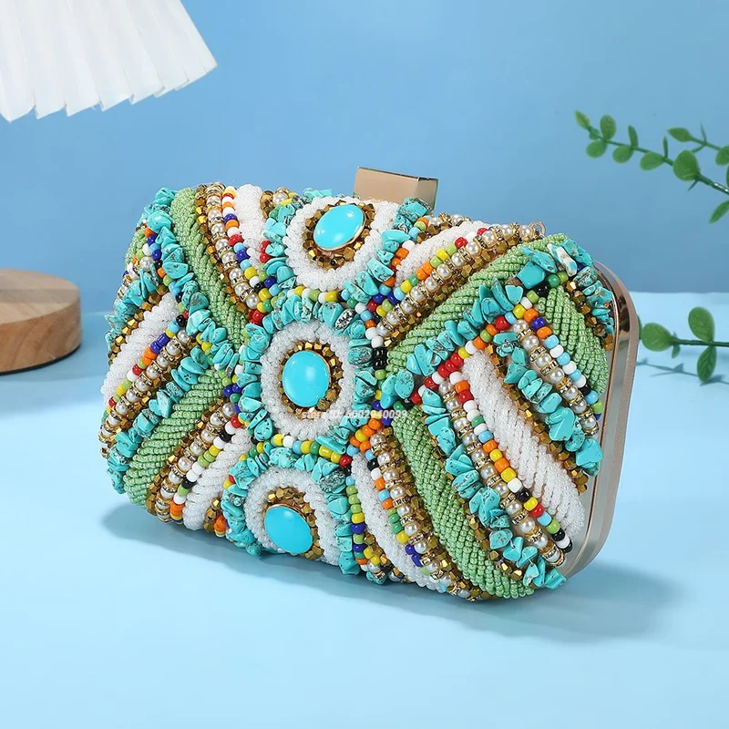 

Роскошный вечерний клатч с бирюзовым камнем и бисером, женский необычный золотой цветной каркас, вечерние женские сумочки, формальная круглая сумка с вышивкой