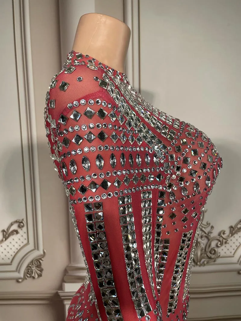 Dresses For Women 2025 Glamorous Pink Rhinestone Mesh Dress - Diamond Performance Gown for Birthday Dinners & Evening Parties