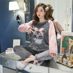 Women Pajamas Sets Winter Flannel Sleepwear Velvet Pyjama 2 Pieces Cartoon Pjs Warm Pijamas Mujer Female Loungewear Homewear