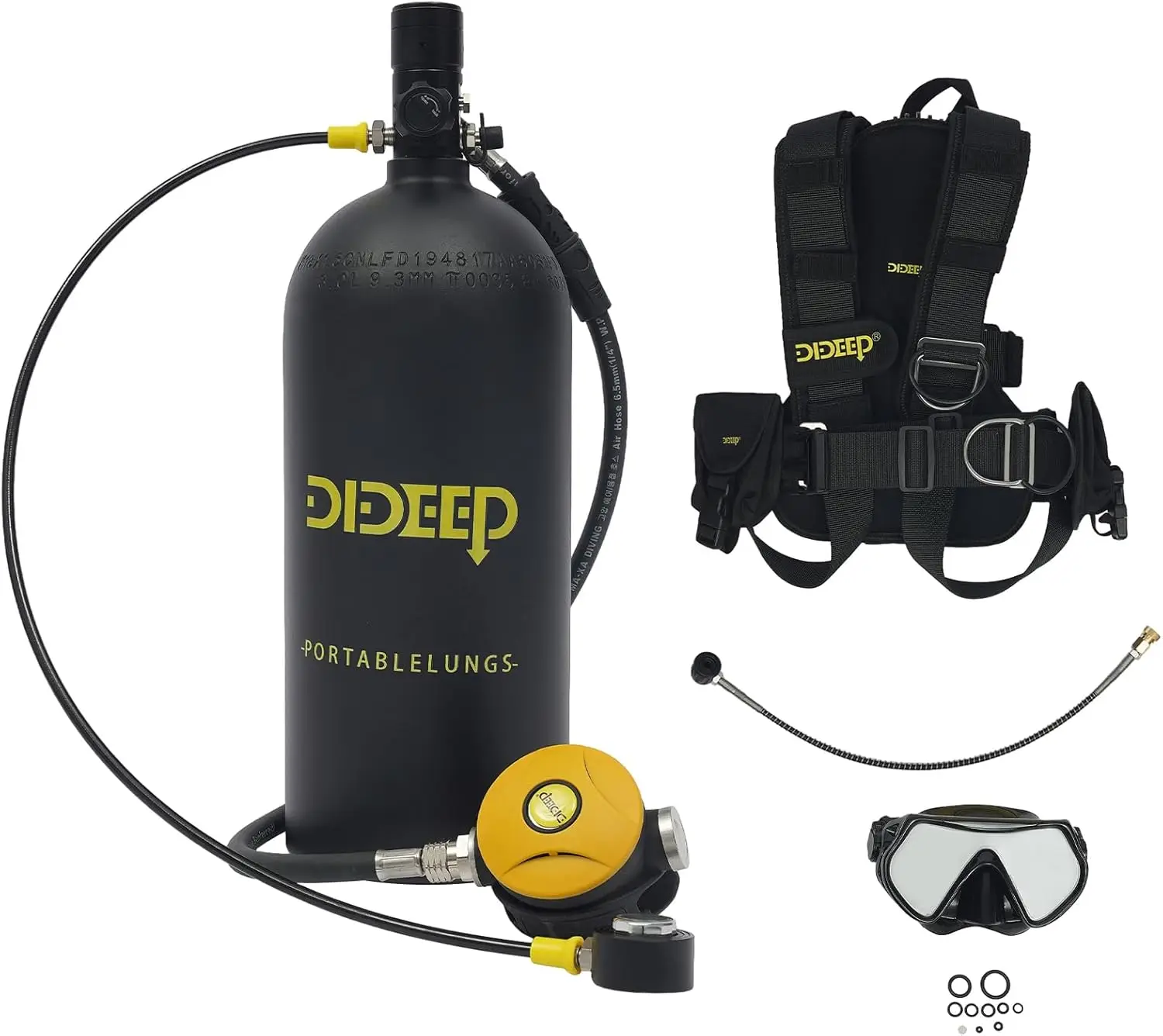 Portable Mini Scuba Tank Kit with 8mm Inflation Adapter, 2L/3L/4L Diving Cylinder for Snorkeling and Underwater Breathing, Backup Oxygen Supply - Black/Green/Yellow