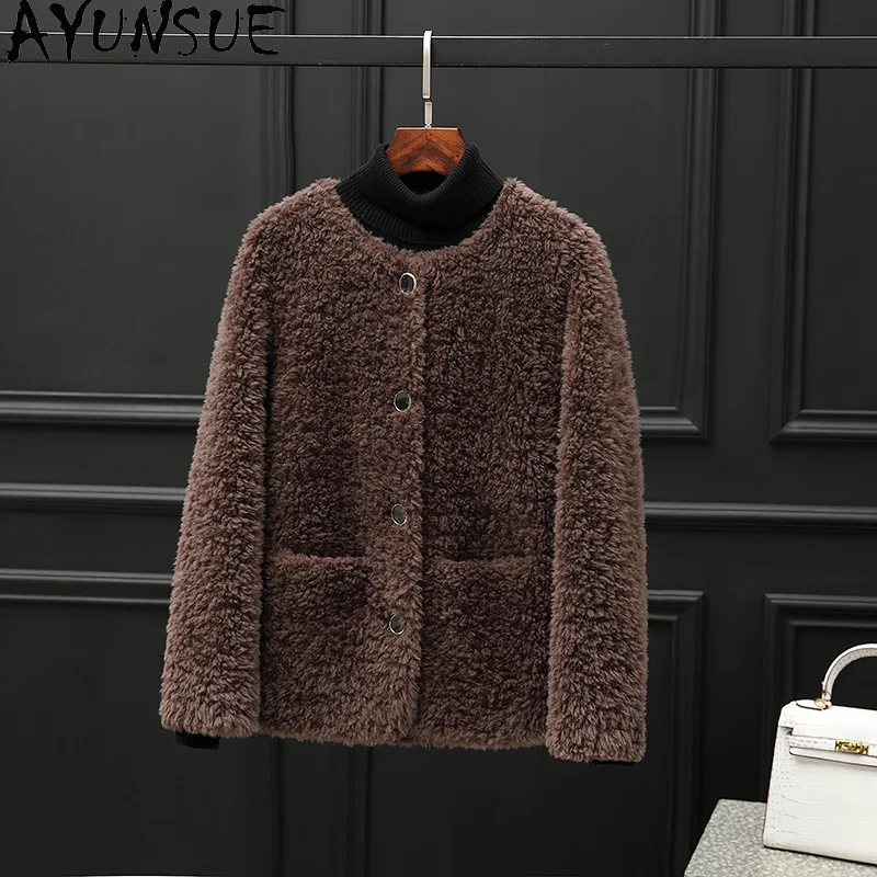 معطف صوف 100% من AYUNSUE للنساء 2025 جاكيت شيرلينغ من الحبوب ملابس الخريف والشتاء للسيدات كوري palldtt Жengarško فرو مركب
