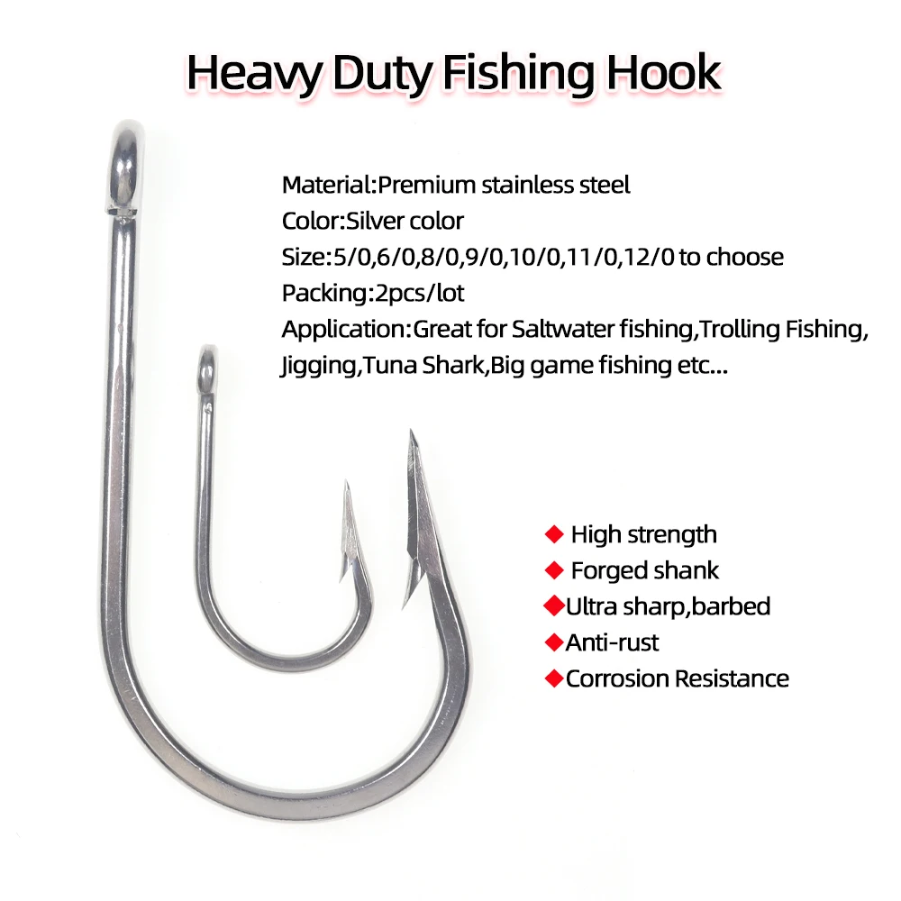 LIONRIVER Size 5/0-13/0 Stainless Steel Big Game Fishing Hook Tuna Shark Bait Heavy Duty Fishhooks Saltwater Trolling Fishing