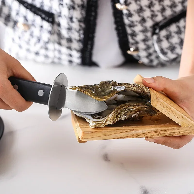 Oyster Shucking Set Stainless Steel Knife Wood Clamp Holder Protective Tool for Opening Clams and Raw Oysters Seafood Tools