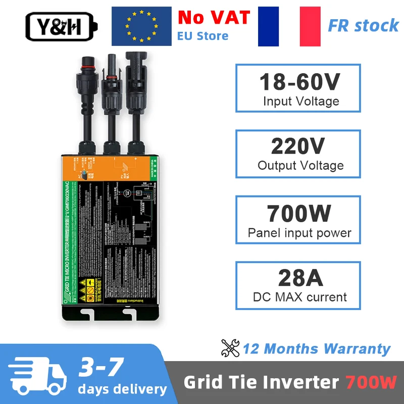 Y & H onduleur de liaison au réseau 300W 350W 500W 600W 700W MPPT Micro onduleur solaire PV système d'attache au réseau entrée DC18V-60V sortie AC220V